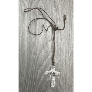 LAL Vedele Italy Good Shepherd Cross Pendant Necklace Silver Tone Catholic Faith